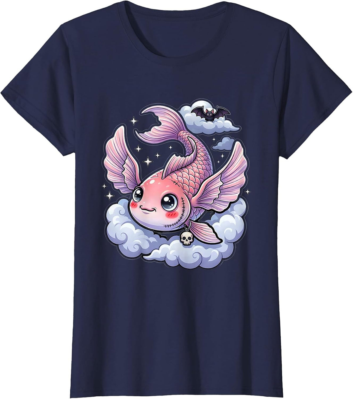 Women's Giant Koi Fish Leaping Through Storm Clouds Anime T-Shirt - Navy Blue