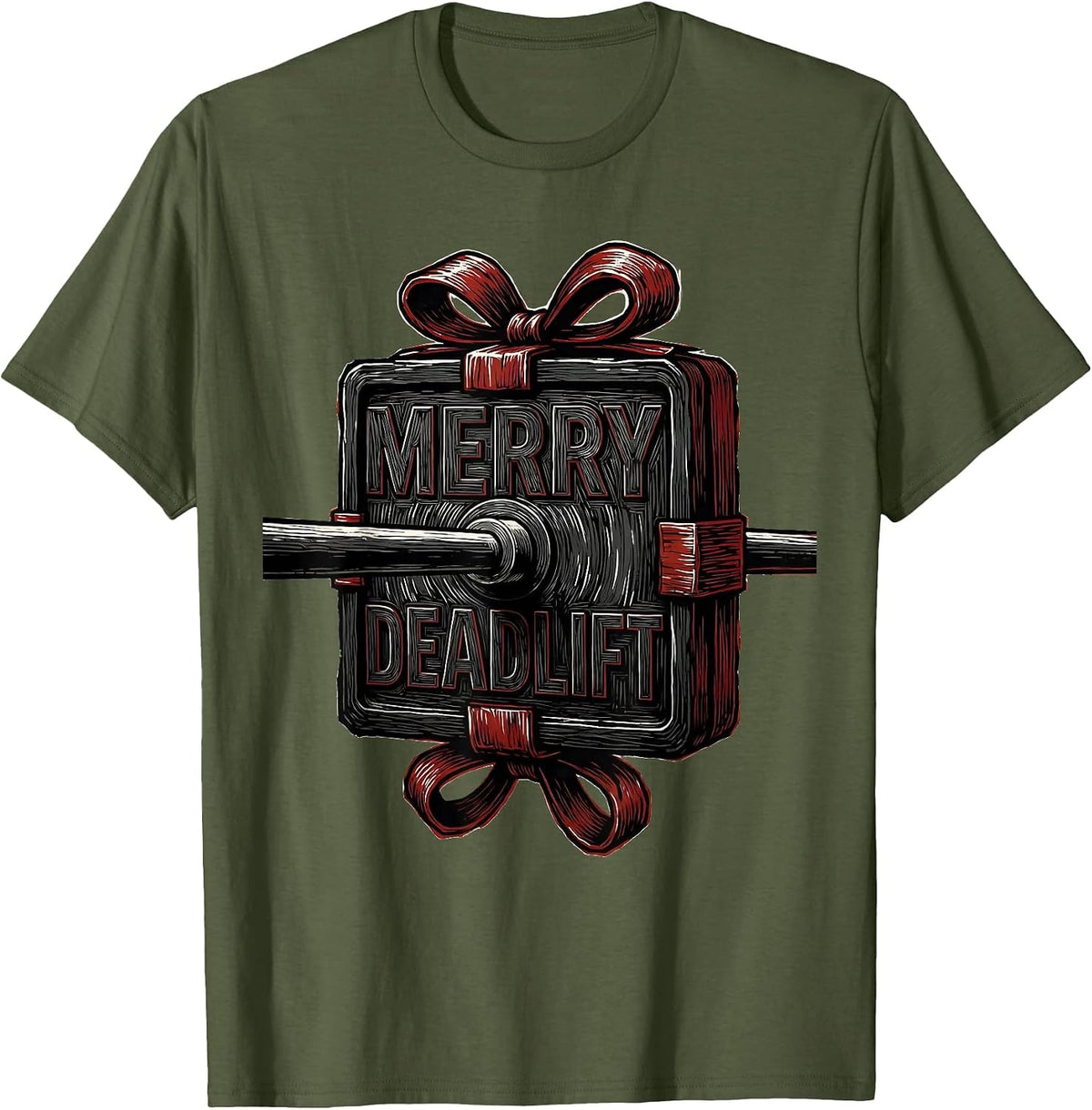 Merry Deadlift Funny Christmas Gym Weightlifting Fitness T-Shirt - Olive Green