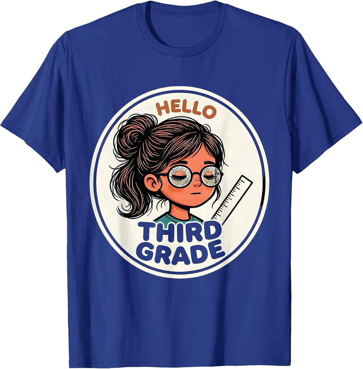 Hello Third Grade Back To School Messy Bun Cartoon Girl T-Shirt - Royal Blue