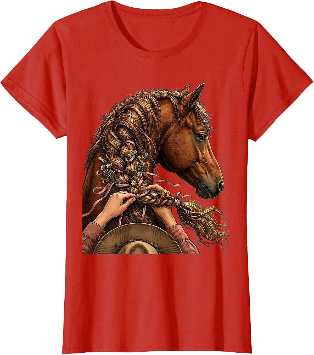 Women's Horse Mane Braiding Rodeo Graphic Tee T-Shirt - Red