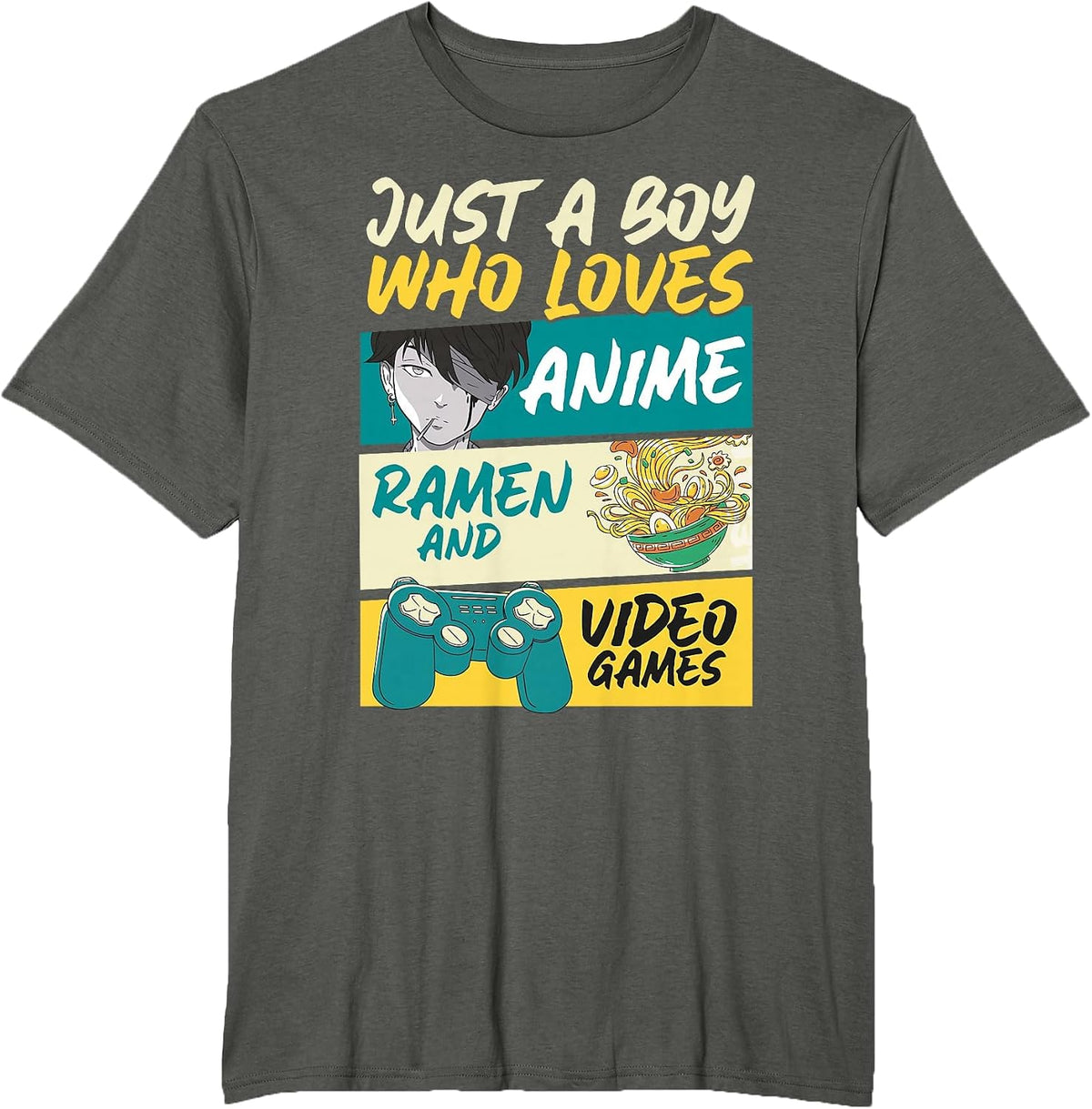 Just A Boy Who Loves Anime Ramen and Video Games, Gaming T-Shirt - Asphalt Grey