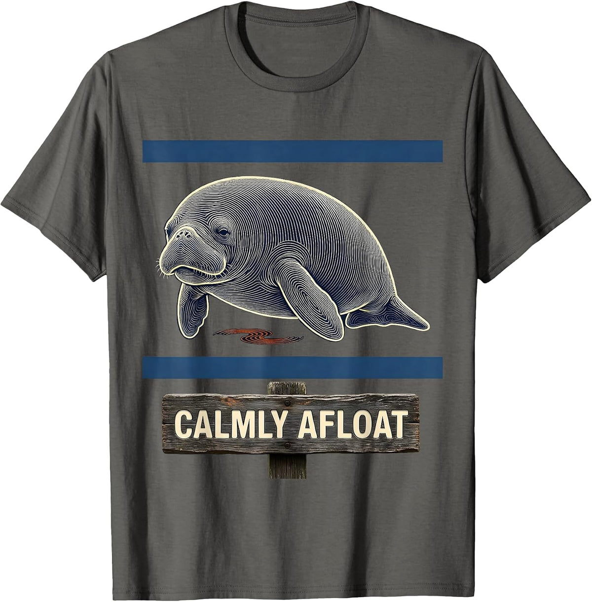 Men's Calmly Afloat Topographic Contour Manatee Lover Funny Sea T-Shirt - Asphalt Grey
