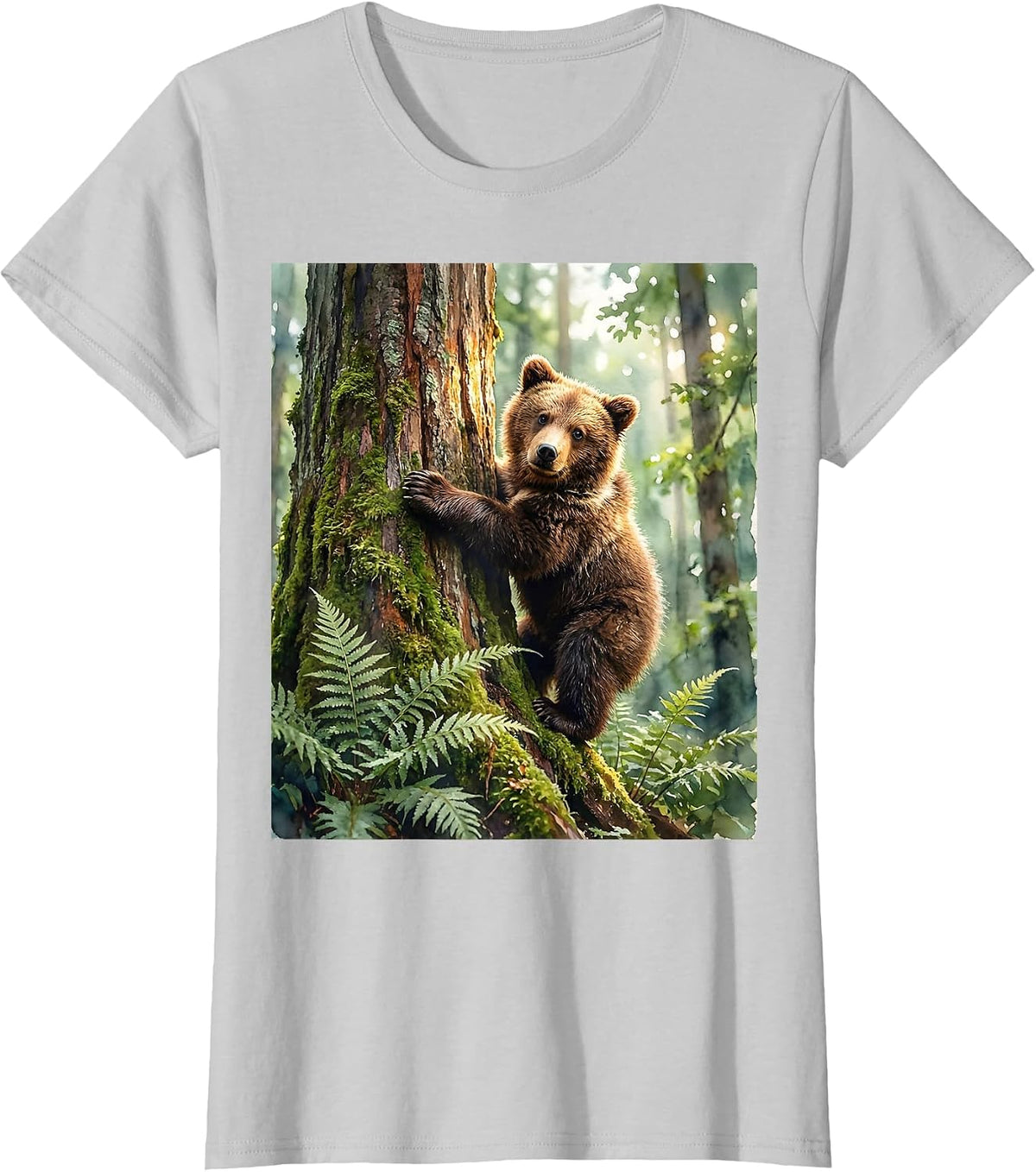 Bear Cub Climbing Mossy Forest Tree Illustration T-Shirt - Silver Grey