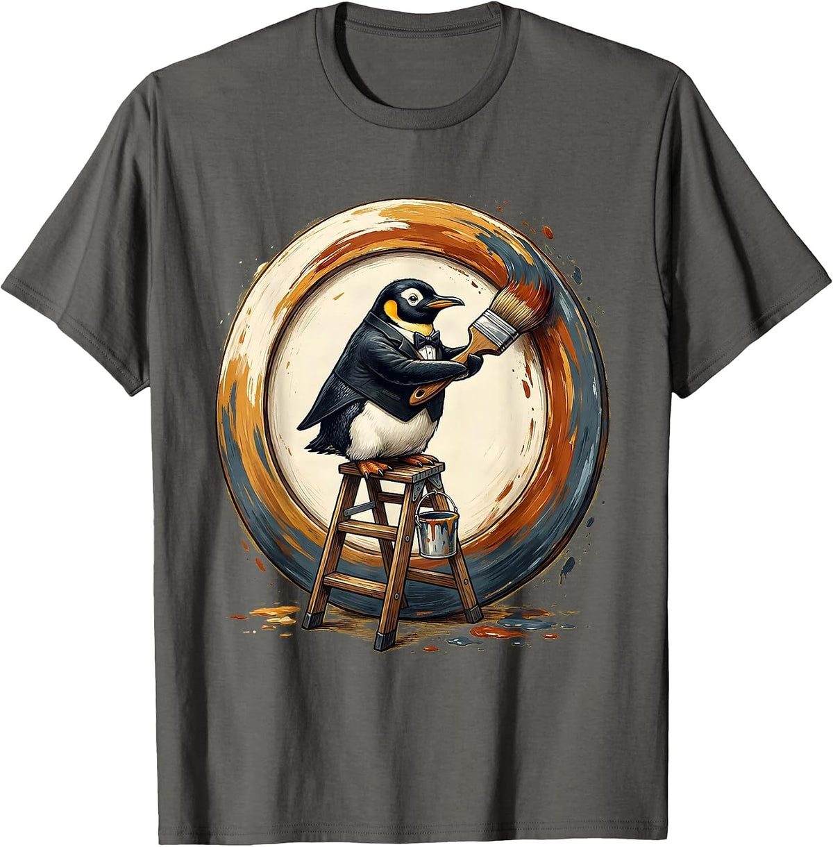 Penguin Painter Mural Art Illustration T-Shirt - Asphalt Grey