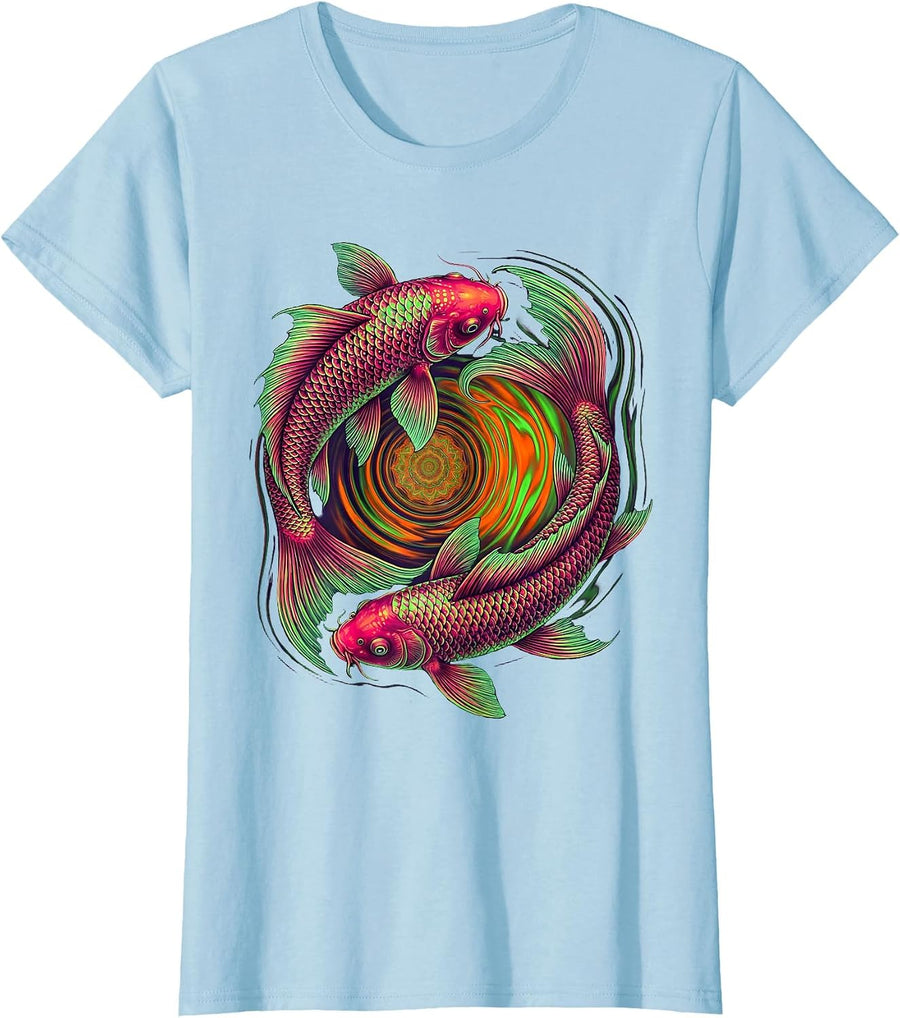 Women's Koi Fish Swirling Tie Dye Color Pool Design T-Shirt - Baby Blue