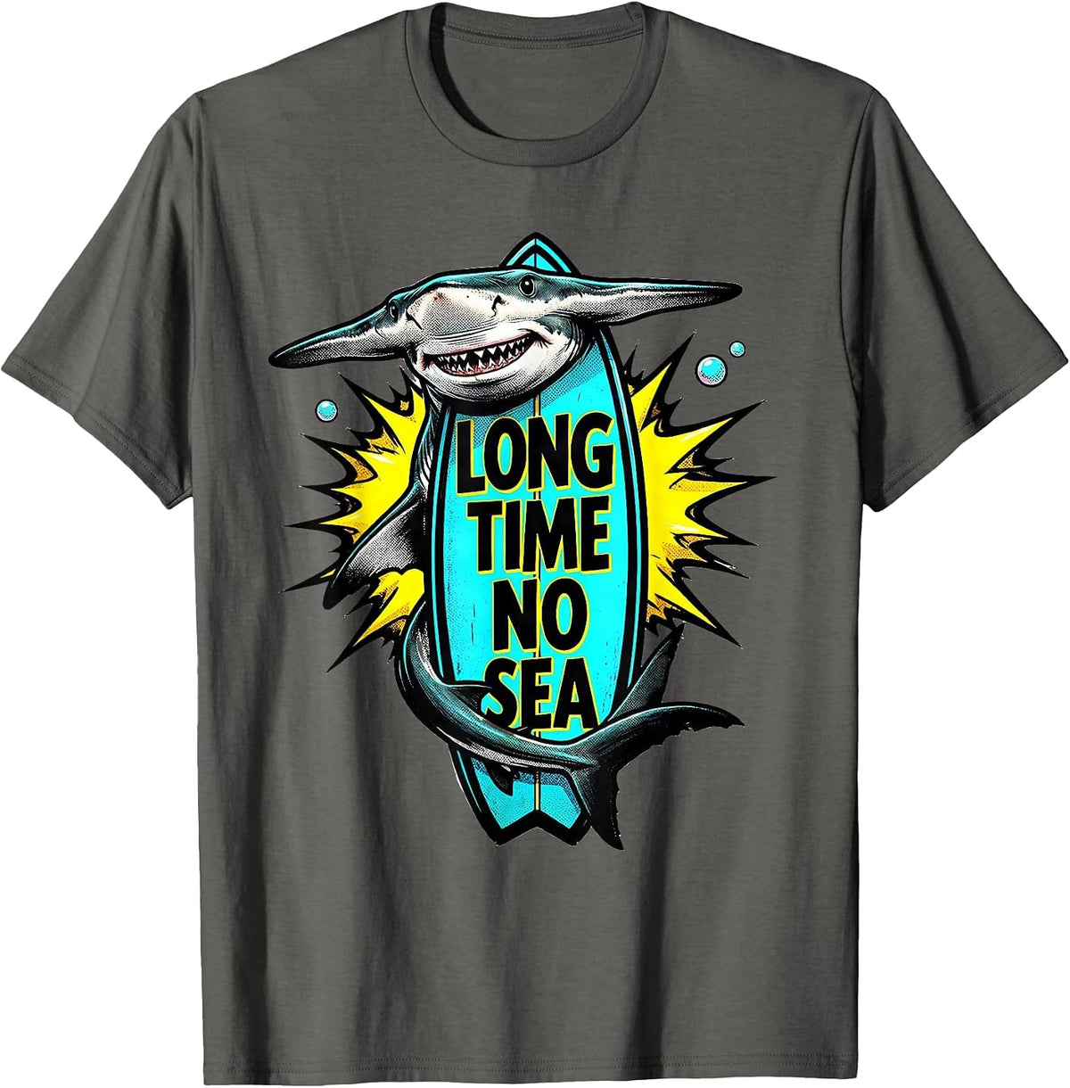 Men's Long Time No Sea Pop Art Shark Lover Humor Ocean Wildlife T-Shirt - Asphalt Grey
