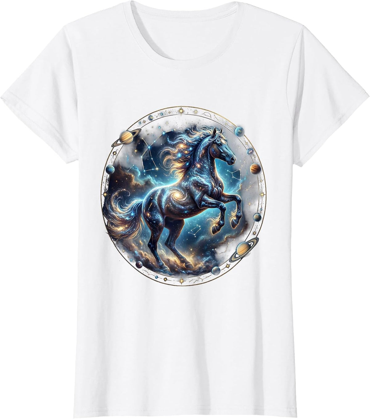 Women's Wild Horse Galloping Through Tall Grass Illustration T-Shirt - White
