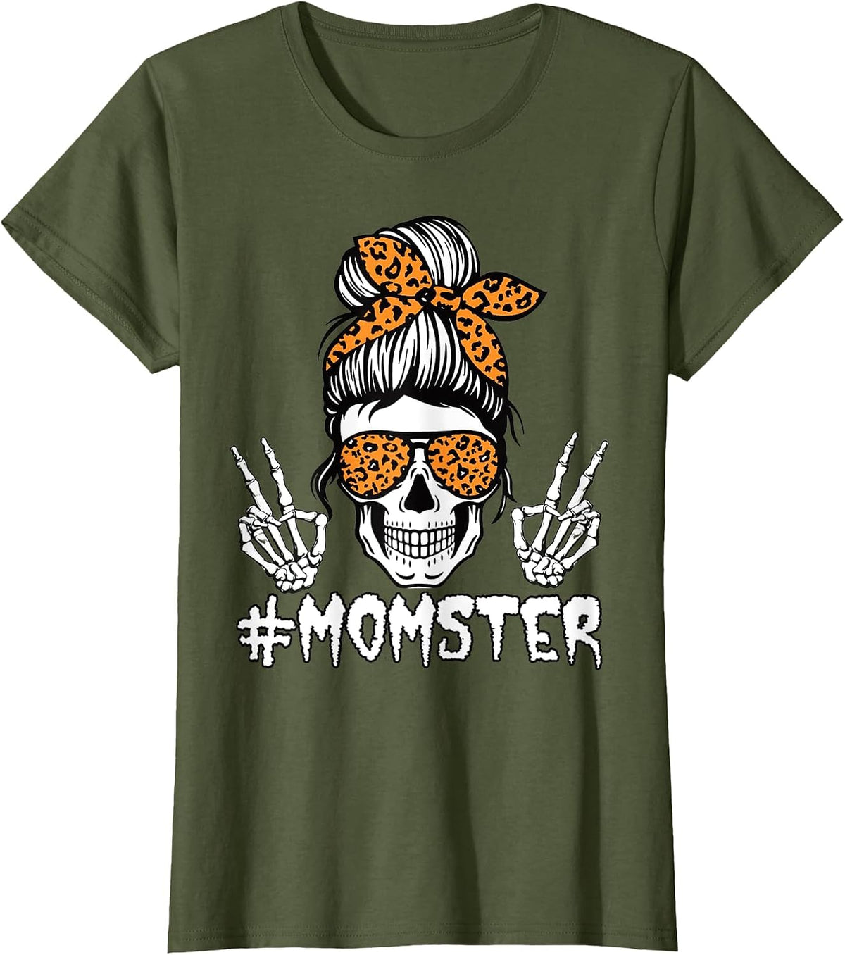Momster Halloween Skull Mom Leopard Messy Bun Hair Monster T-Shirt - Olive Green