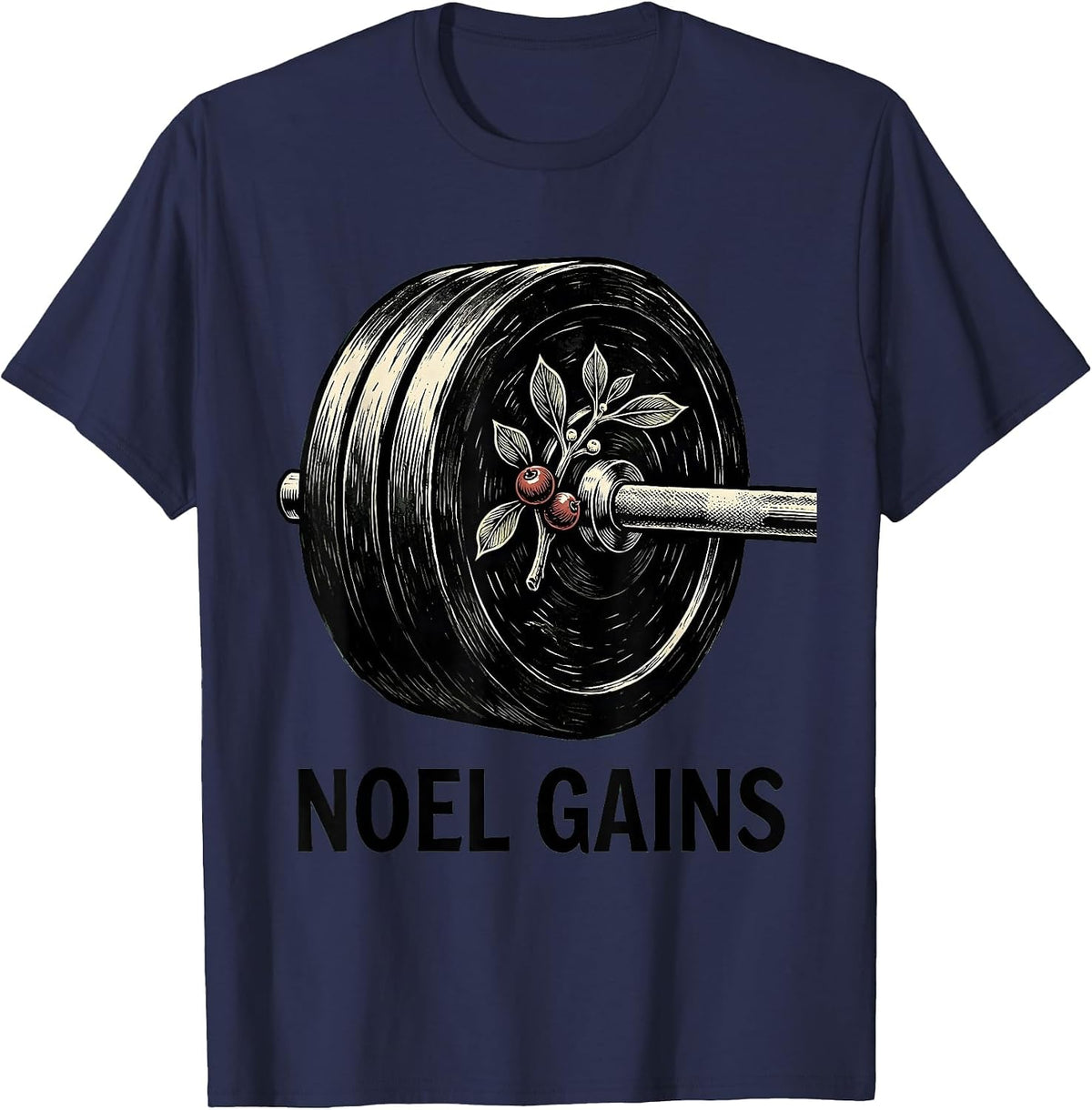 Men's Noel Gains Linocut Funny Christmas Weightlifting Gym Workout T-Shirt - Navy Blue