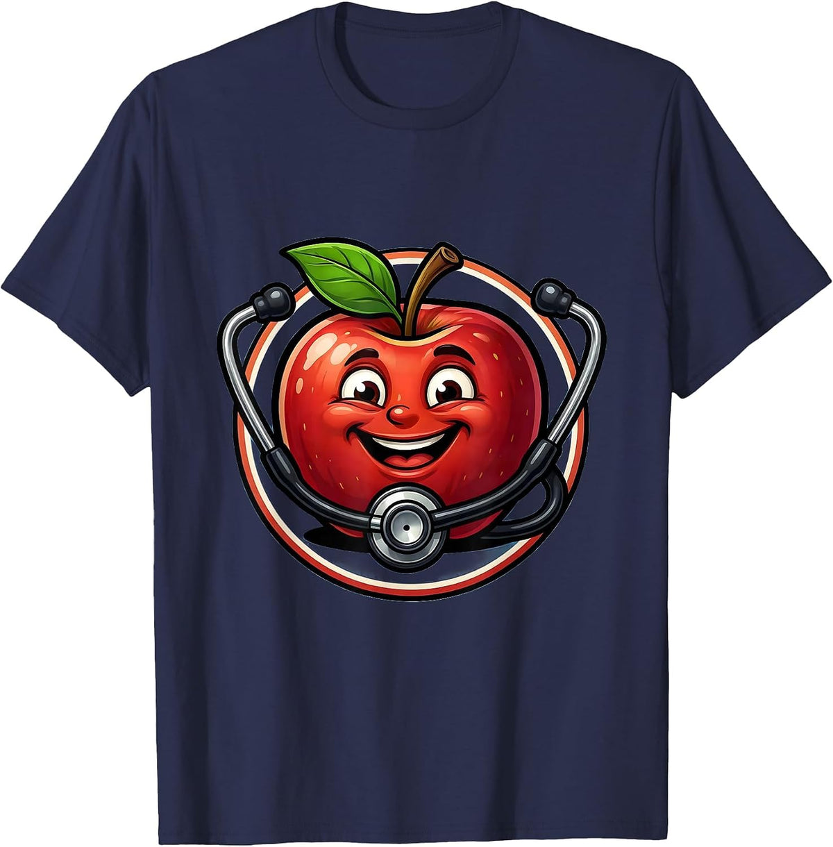 School Nurse Stethoscope Apple Graphic T-Shirt - Navy Blue