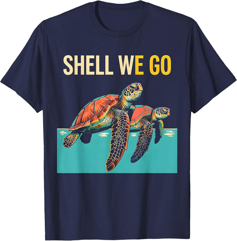 Shell We Go Screenprint Sea Turtle Ocean Animal Tropical T-Shirt - Navy Blue