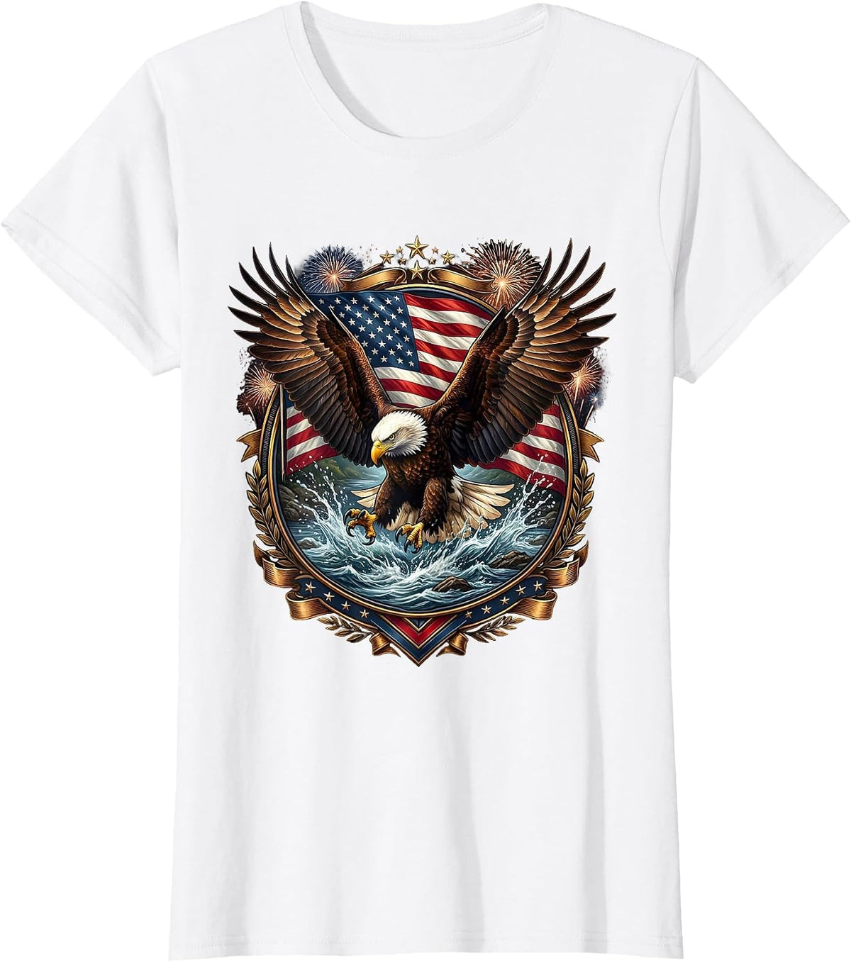 Women's Bald Eagle Wings Spread River Patriotic Design T-Shirt - White