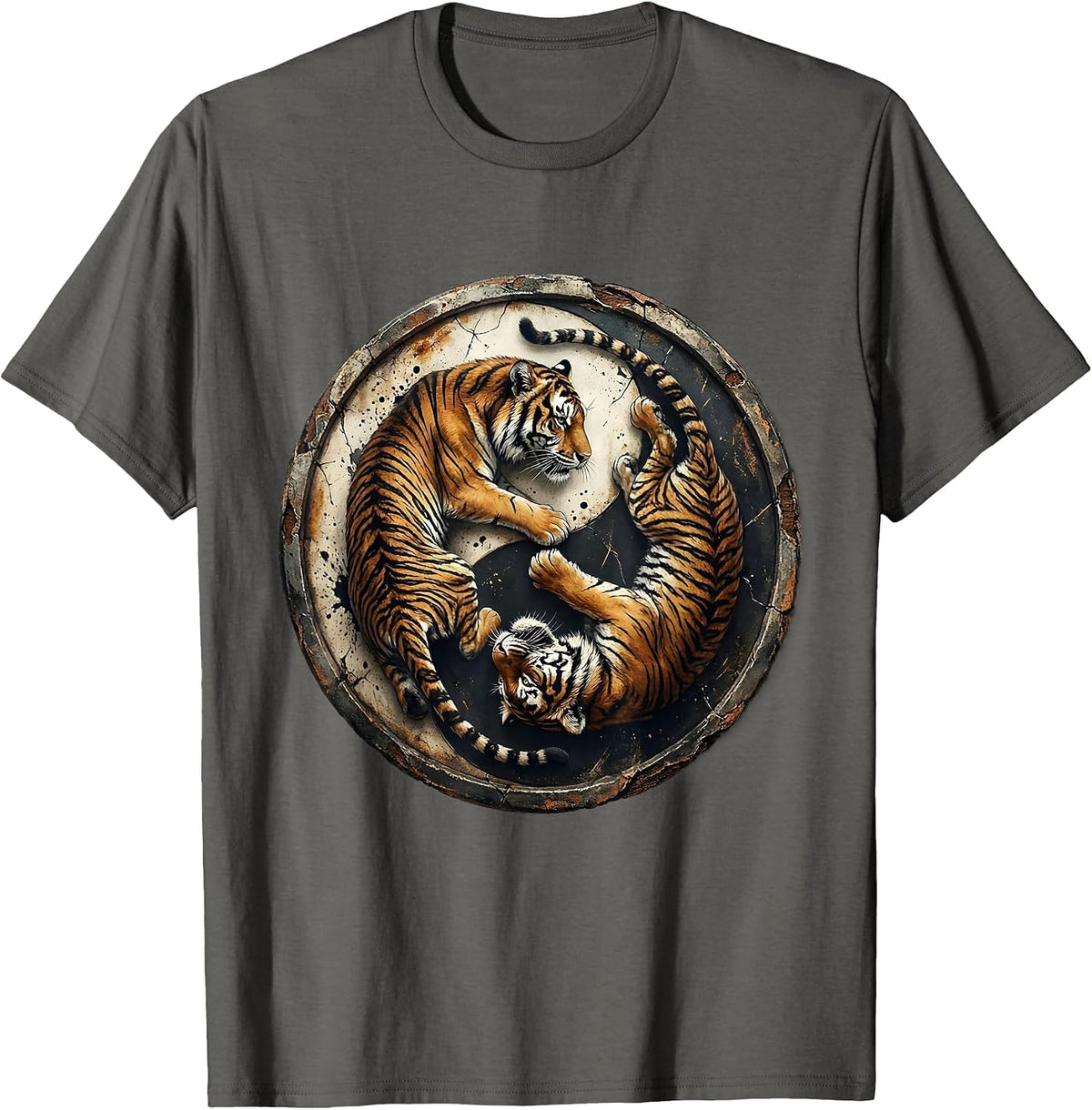 Tiger Yin Yang Circling Duo Graphic Design T-Shirt - Asphalt Grey