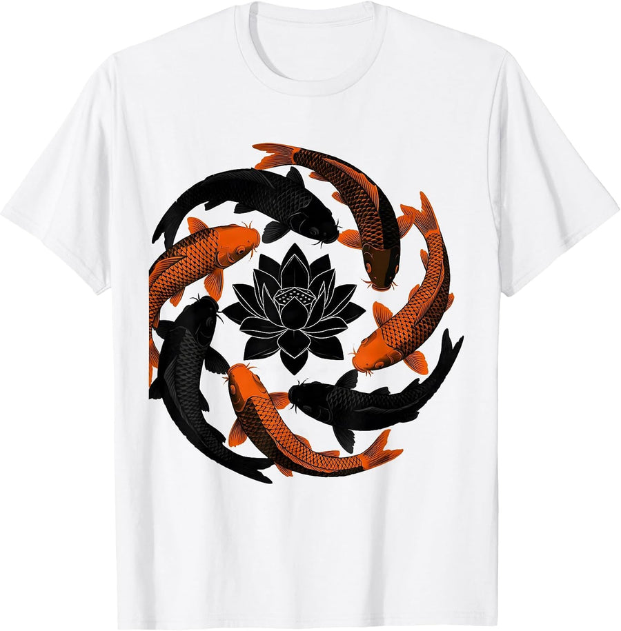 Men's Six Koi Fish Circling Lotus Blossom Art Design T-Shirt - White