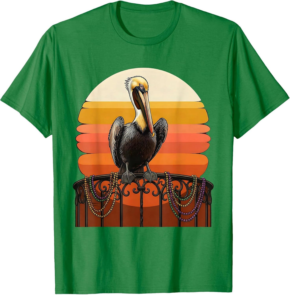 Men's Mardi Gras Pelican Balcony Beads Illustration T-Shirt - Kelly Green