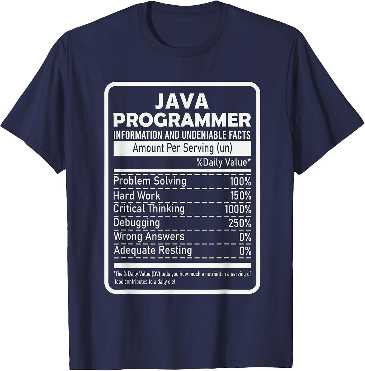 Funny Java Programmer Nutritional Facts Java Programming T-Shirt - Navy Blue