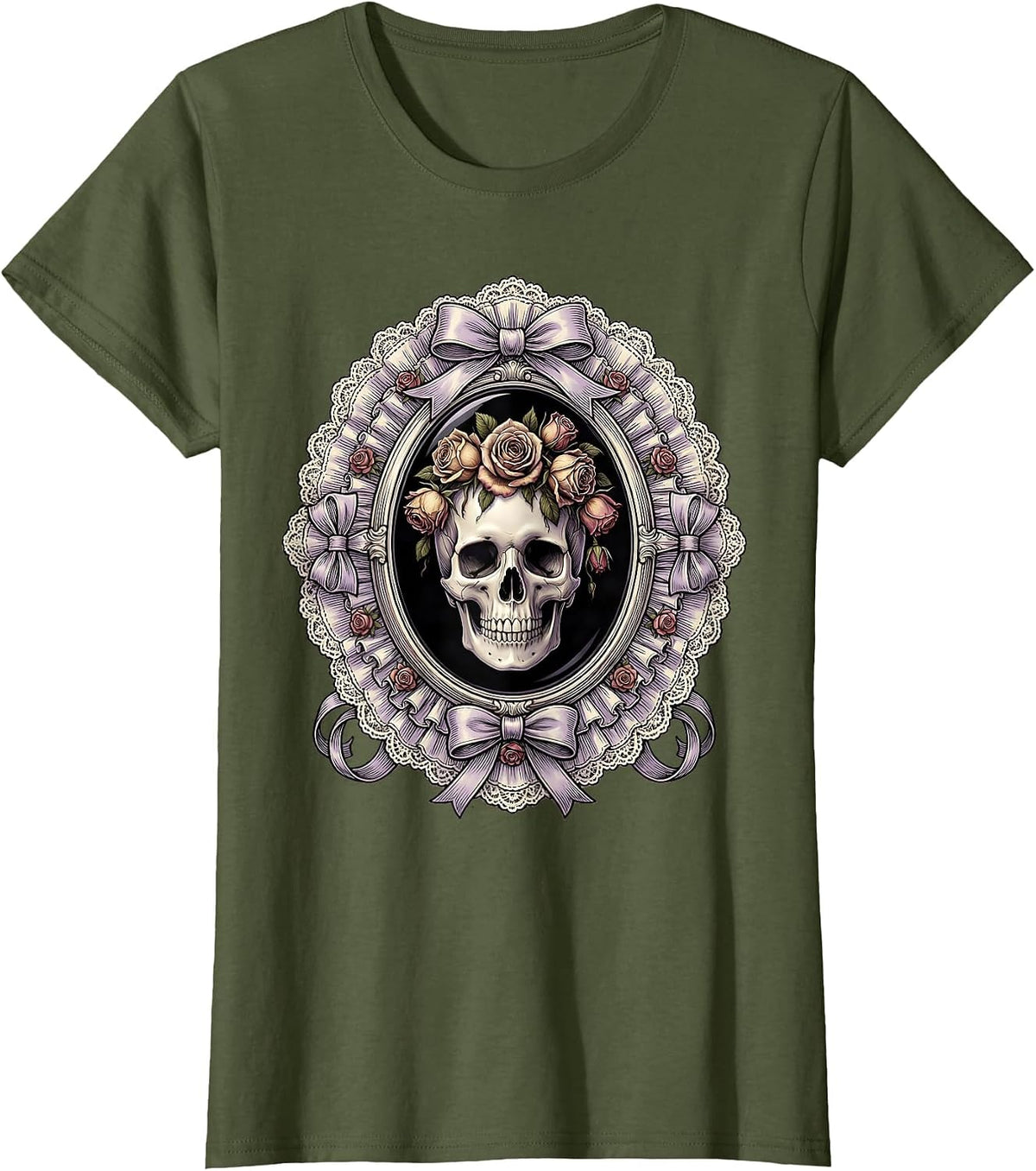 Women's Skull Crowned With Wilting Black Roses Goth Art T-Shirt - Olive Green