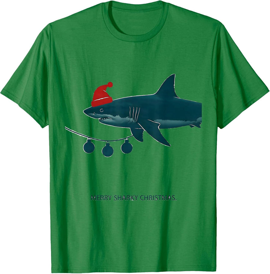Men's Merry Sharky Christmas Funny Shark Santa Hat Holiday Lights T-Shirt - Kelly Green