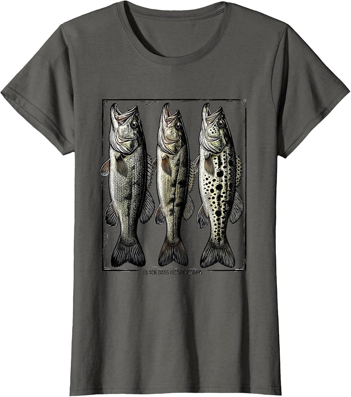 Women's Black Bass Identification Woodcut Engraving Fishing Chart T-Shirt - Asphalt Grey