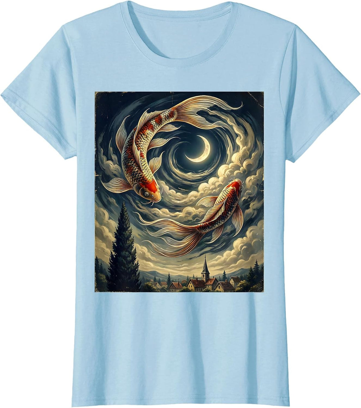 Arched Koi Fish Vintage Van Gogh Starry Night Art Parody T-Shirt - Baby Blue