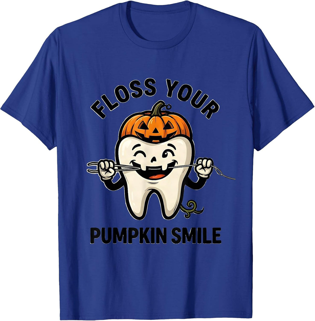 Floss Your Pumpkin Smile Cartoon Dental Hygienist Halloween T-Shirt - Royal Blue