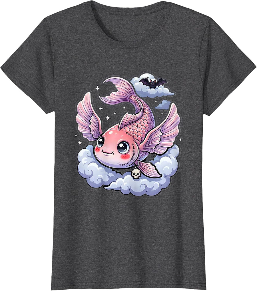 Women's Giant Koi Fish Leaping Through Storm Clouds Anime T-Shirt - Dark Heather Grey