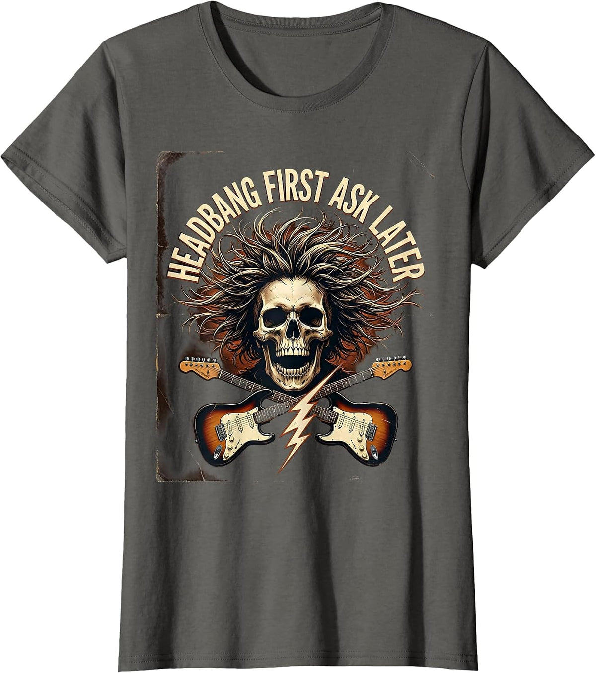 Women's Headbang First Ask Later 90s Rock Band Design T-Shirt - Asphalt Grey