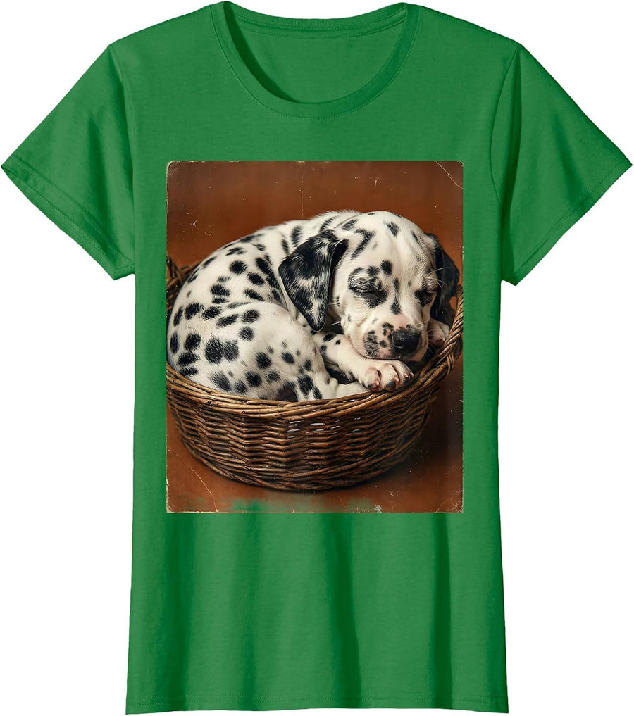 Women's Sleeping Dalmatian Puppy Polka Dot Basket T-Shirt - Kelly Green