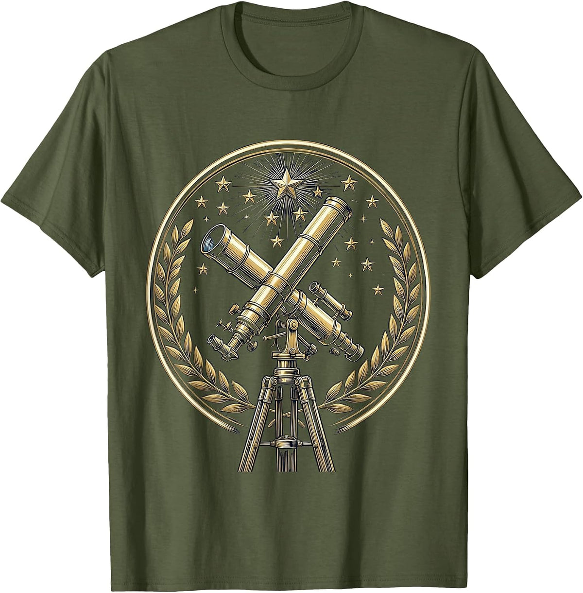 Telescope Night Sky Stargazing College Graphic T-Shirt - Olive Green