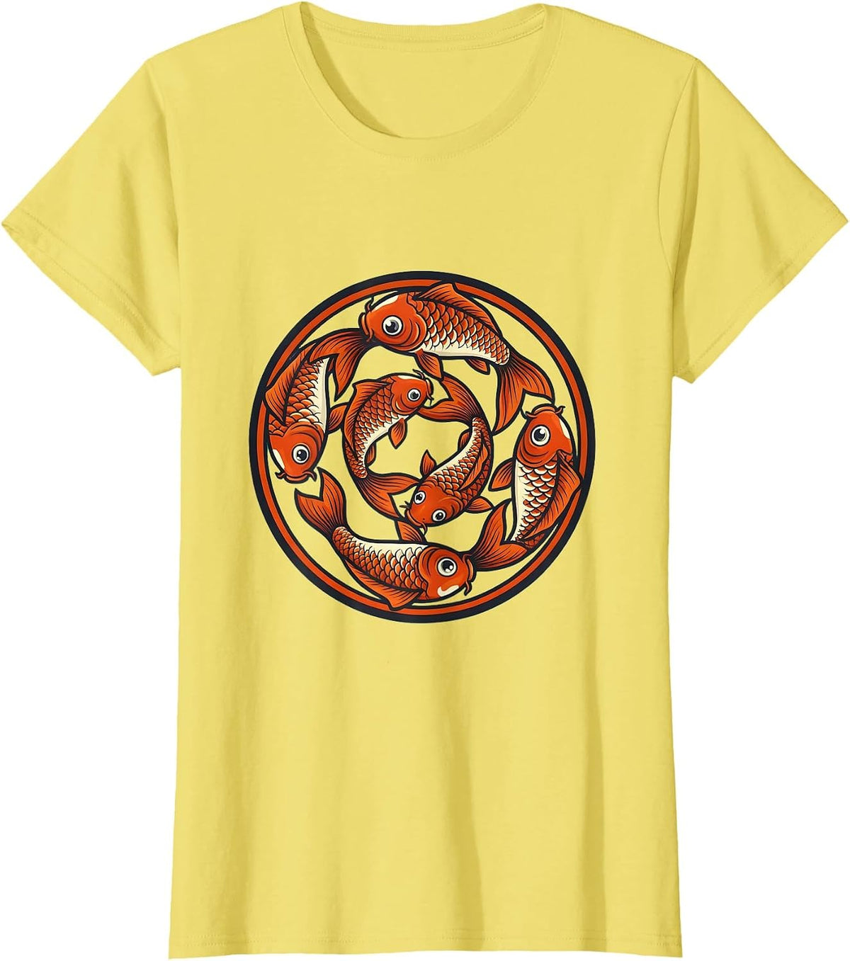 Women's Six Koi Fish Swimming in Spiral Illustration T-Shirt - Lemon Yellow