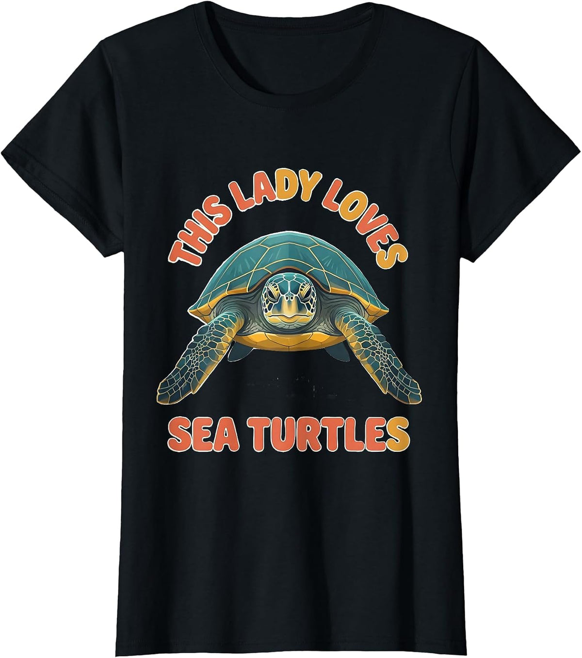 Women's This Lady Loves Sea Turtles Flat Vector Sea Turtle Lover T-Shirt - Black