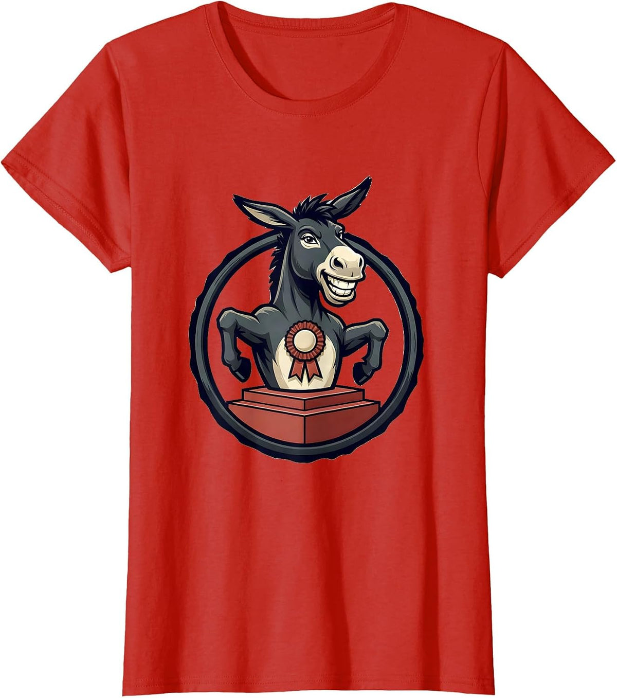 Women's Round Medal Smartass Donkey Mascot Logo Animal Lover Humor T-Shirt - Red