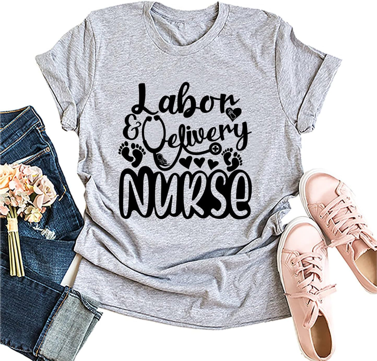 Nurse Shirts for Women Labor and Delivery Nurse T-Shirt Casual Short Sleeves Tees for Nurse - Grey