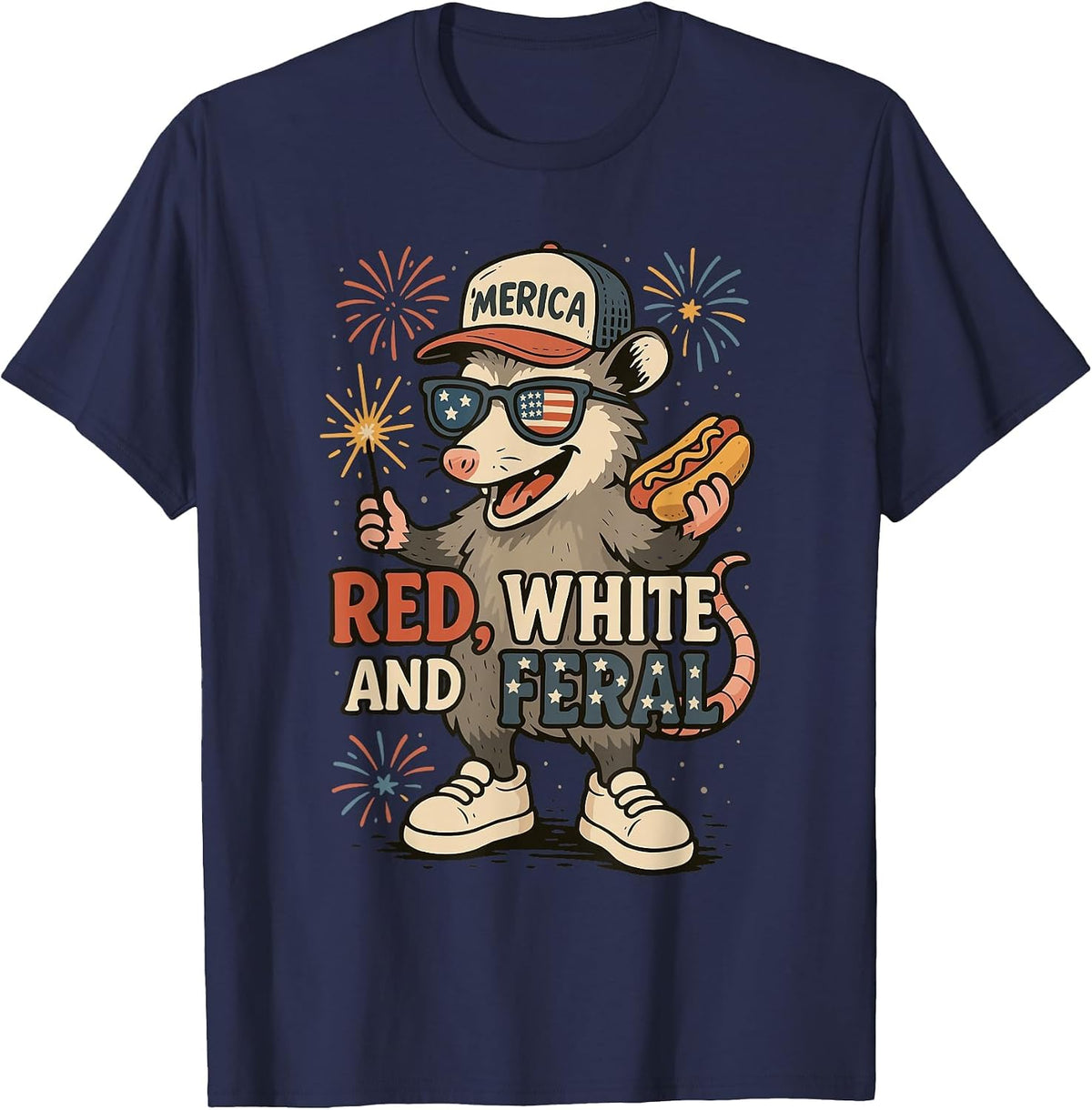Red White and Feral Fireworks Opossum 4th of July Patriotic T-Shirt - Navy Blue