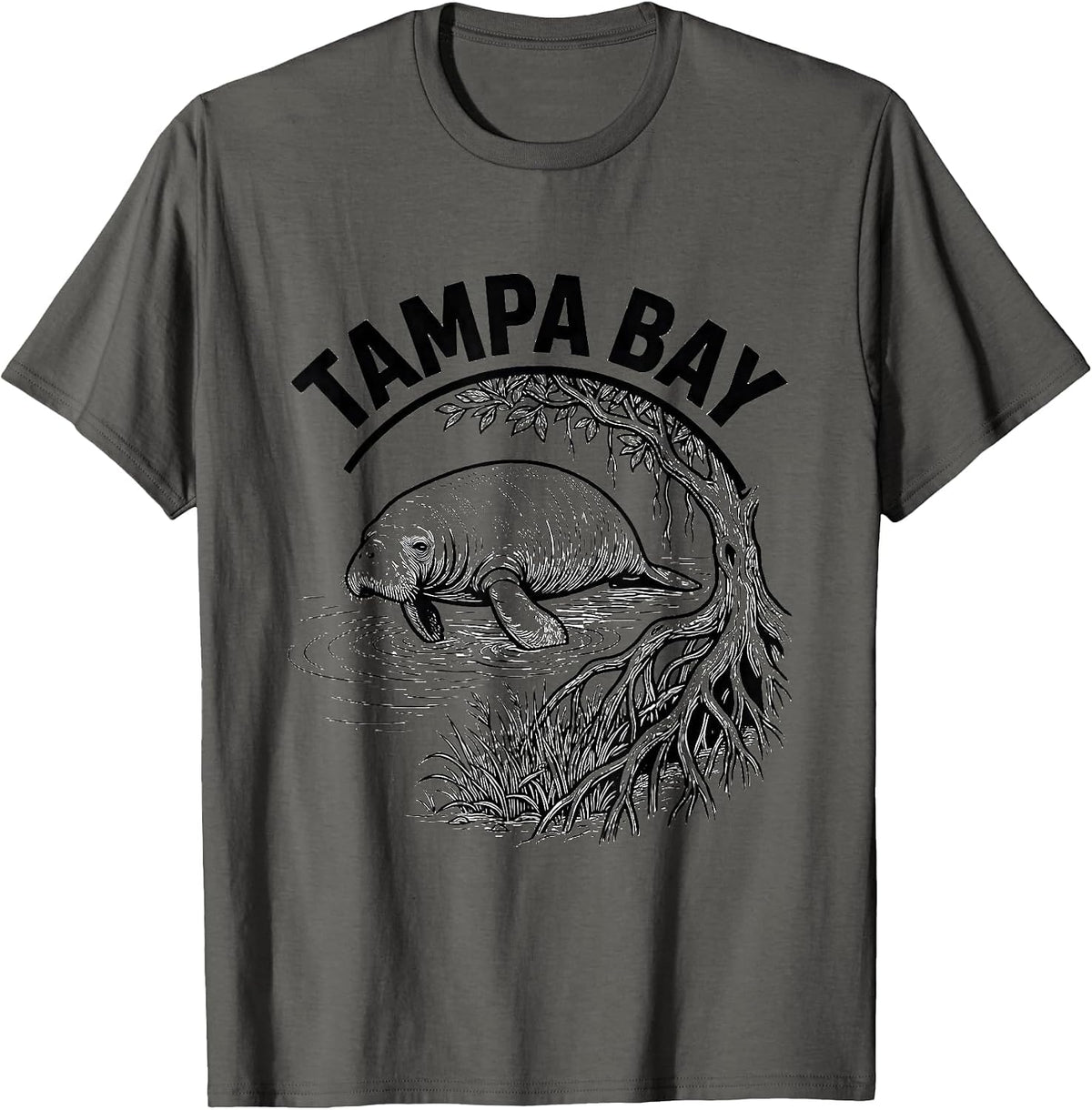 Tampa Bay Line Art Manatee Surfacing Vintage City Pride T-Shirt - Asphalt Grey