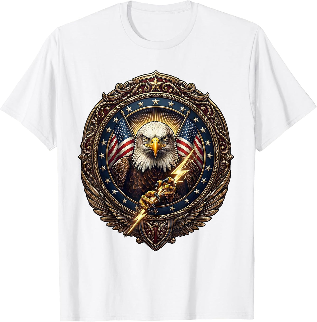 Men's Bald Eagle Lightning Bolt American Power Design T-Shirt - White