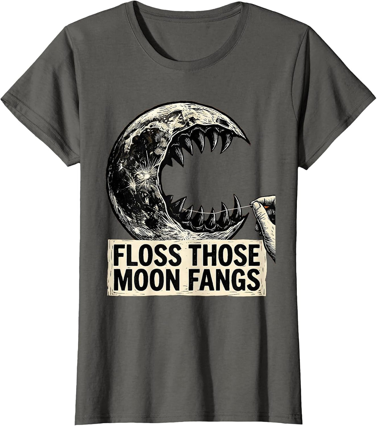 Women's Floss Those Moon Fangs Linocut Halloween Dental Hygienist T-Shirt - Asphalt Grey
