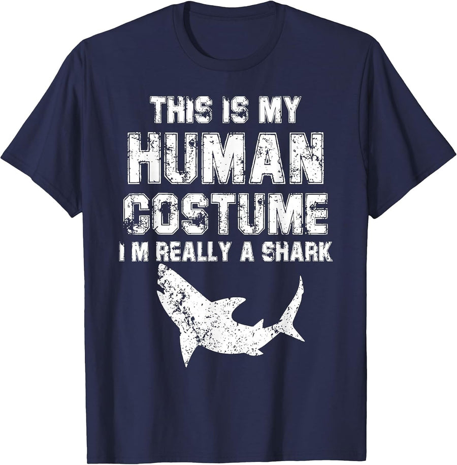 Retro This is My Human Costume I'm Really A Shark Fishing T-Shirt - Navy Blue