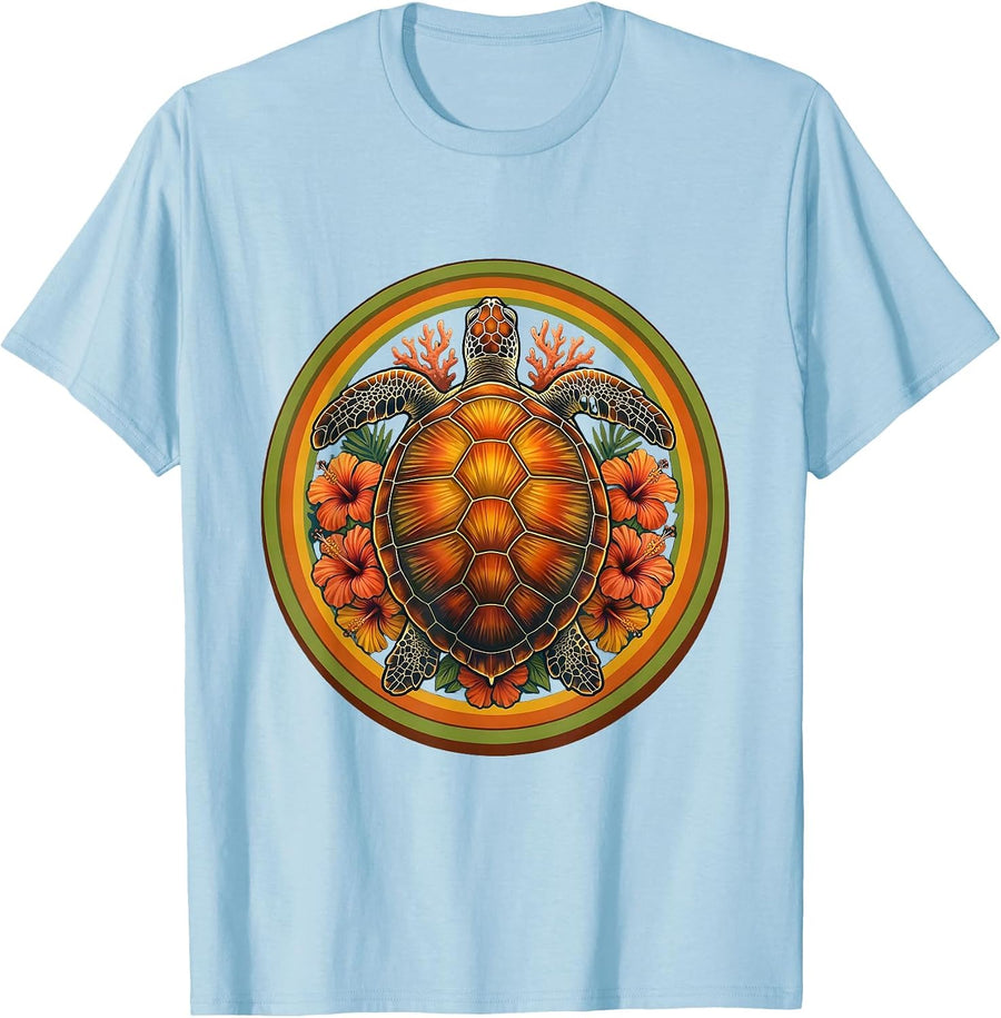 Men's Sea Turtle Coral Garden Hawaiian Design T-Shirt - Baby Blue