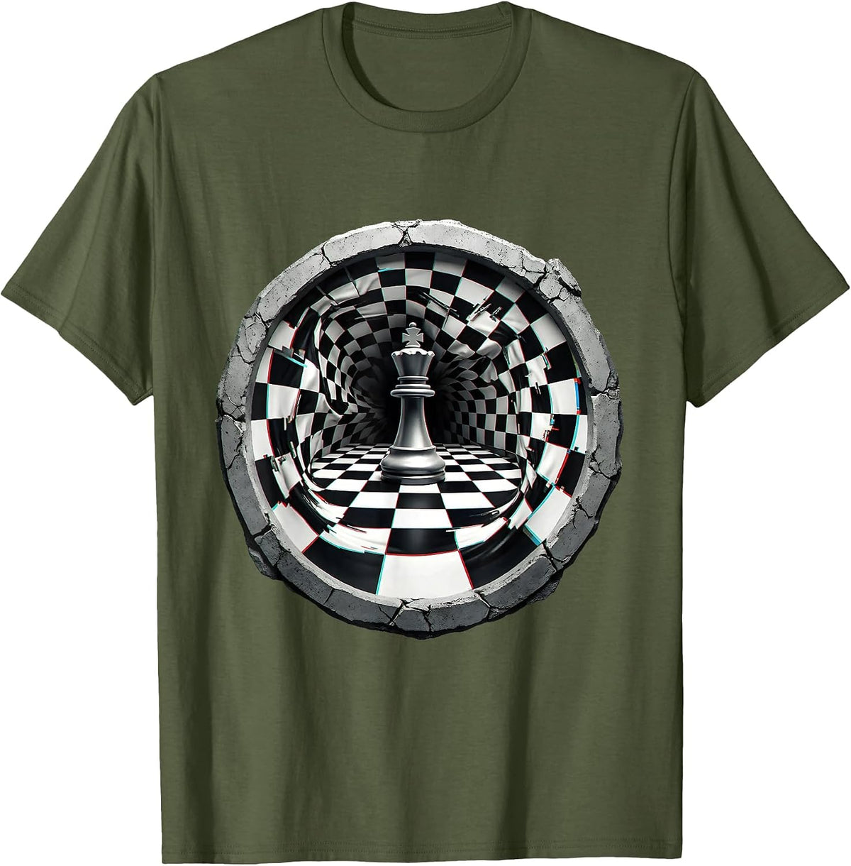 Chess King Black White Checkered Board Graphic T-Shirt - Olive Green