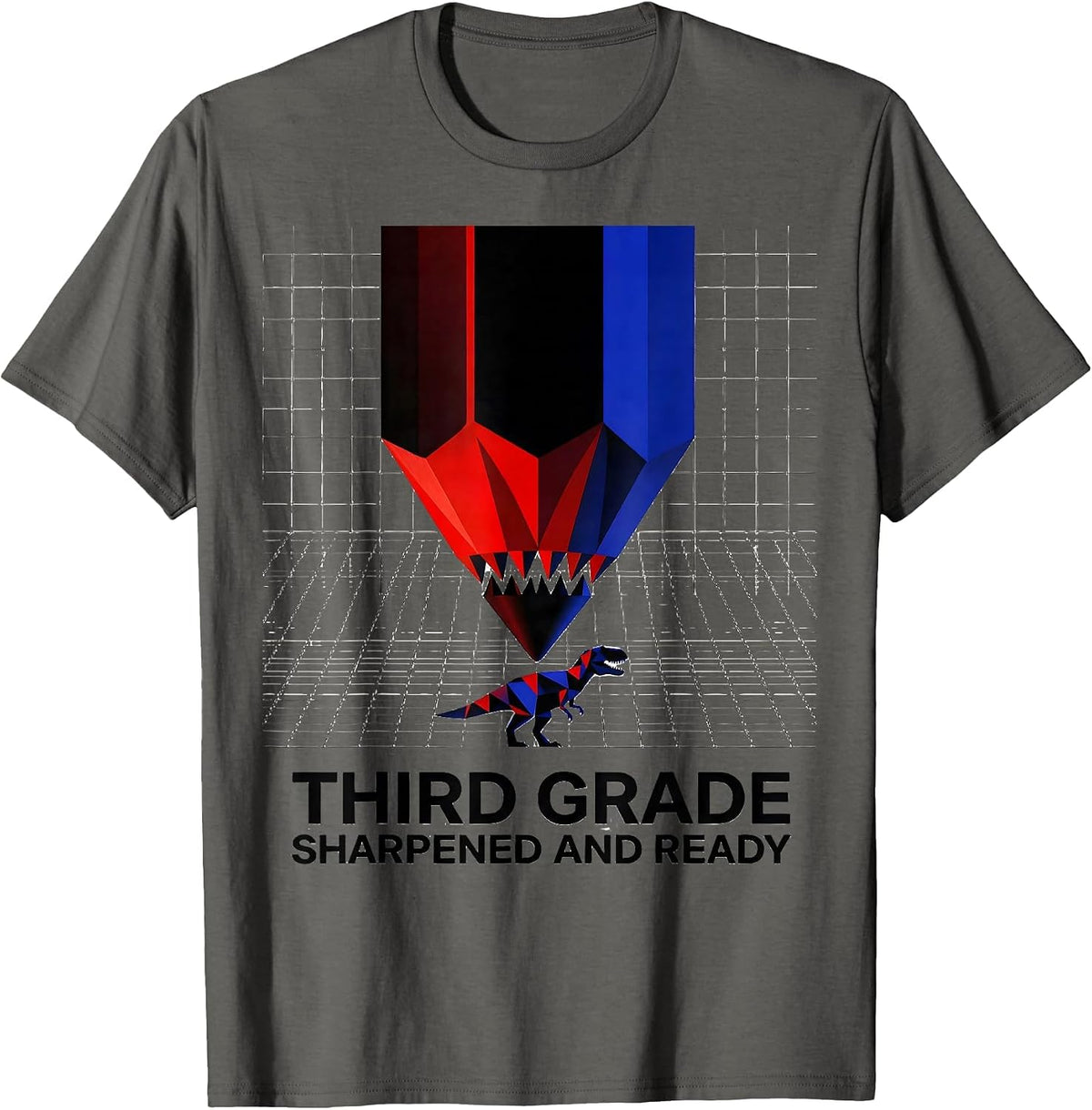 Men's Third Grade Sharpened And Ready Geometric Dinosaur Boy Back T-Shirt - Asphalt Grey