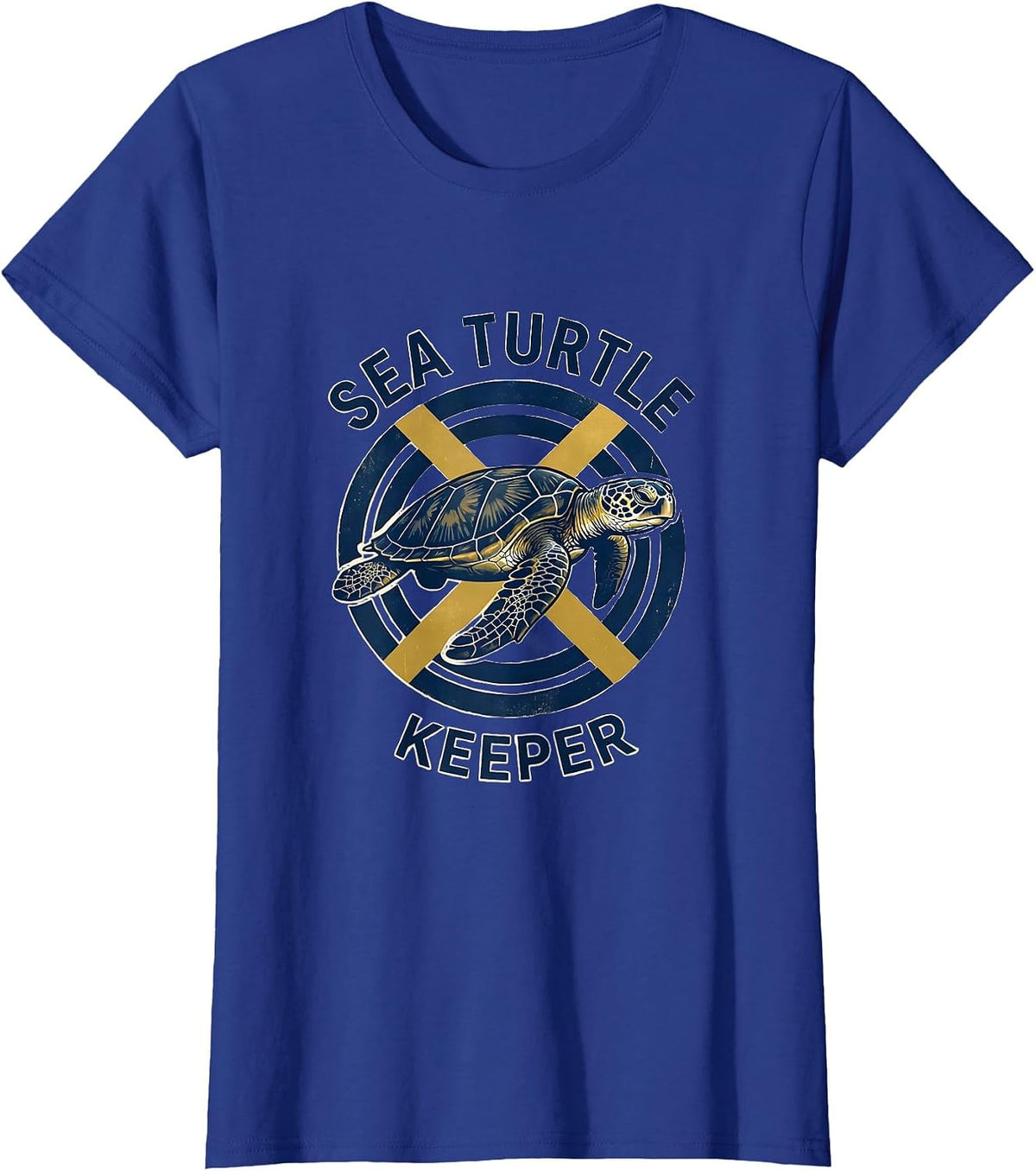 Women's Sea Turtle Keeper Badge Patch Line Art Icon Outline Gift T-Shirt - Royal Blue