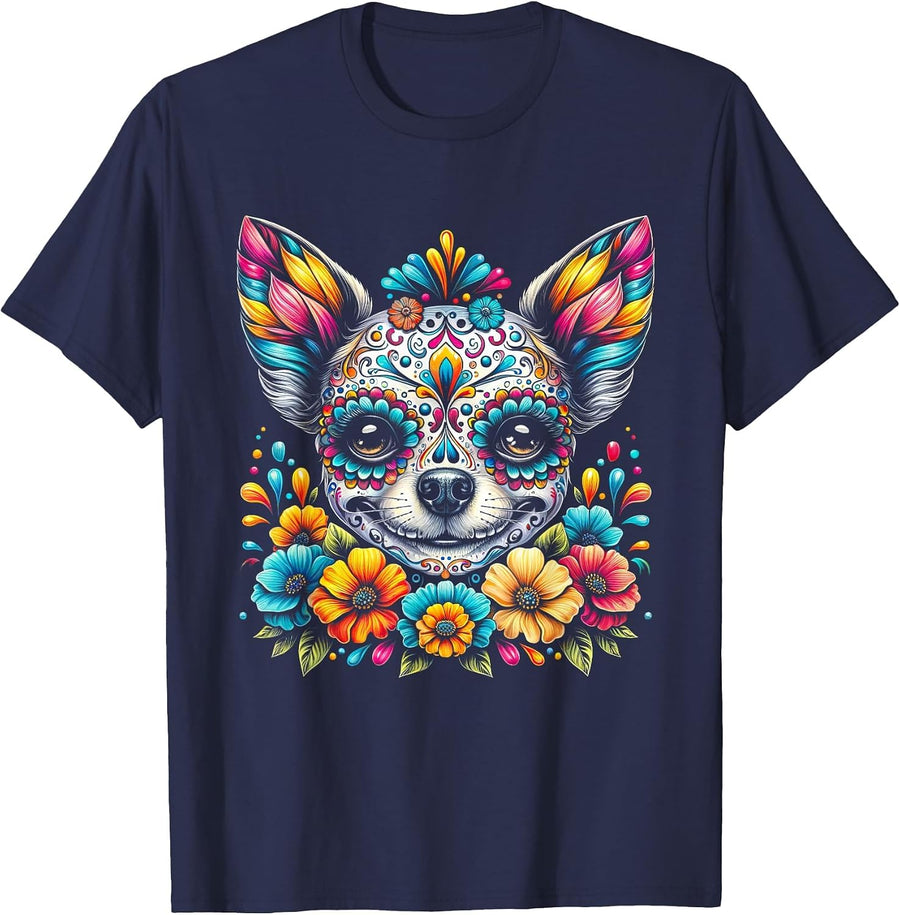Cinco De Mayo Chihuahua Dog Sugar Skull Flower T-Shirt - Navy Blue