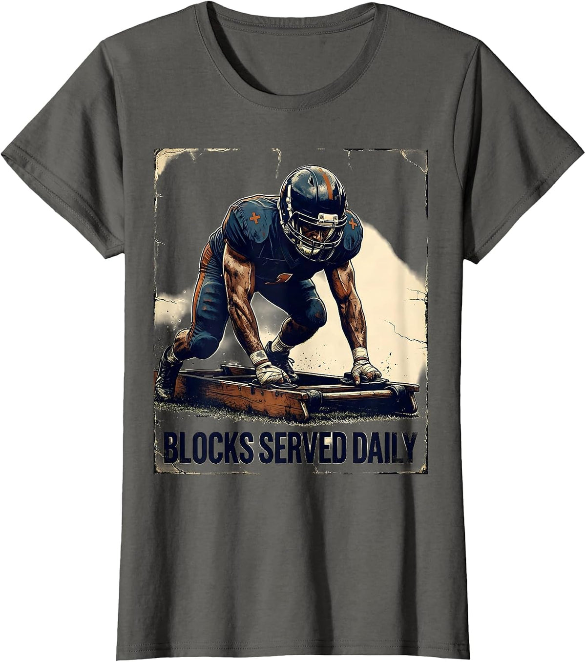 Women's Blocks Served Daily Distressed Football Lineman Game-Day T-Shirt - Asphalt Grey