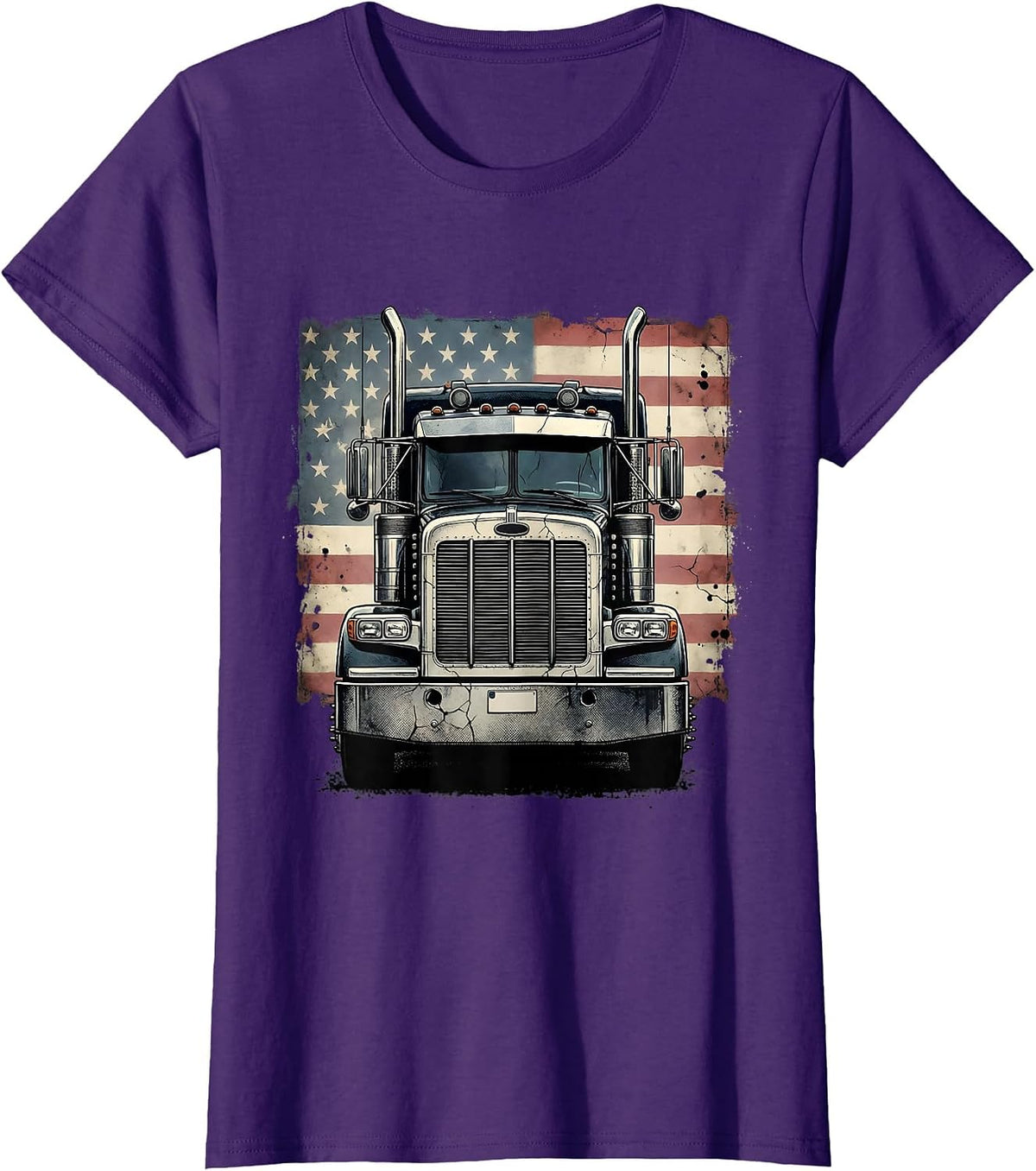 Women's American Flag Semi Truck Driver Distressed Patriotic Trucker T-Shirt - Purple