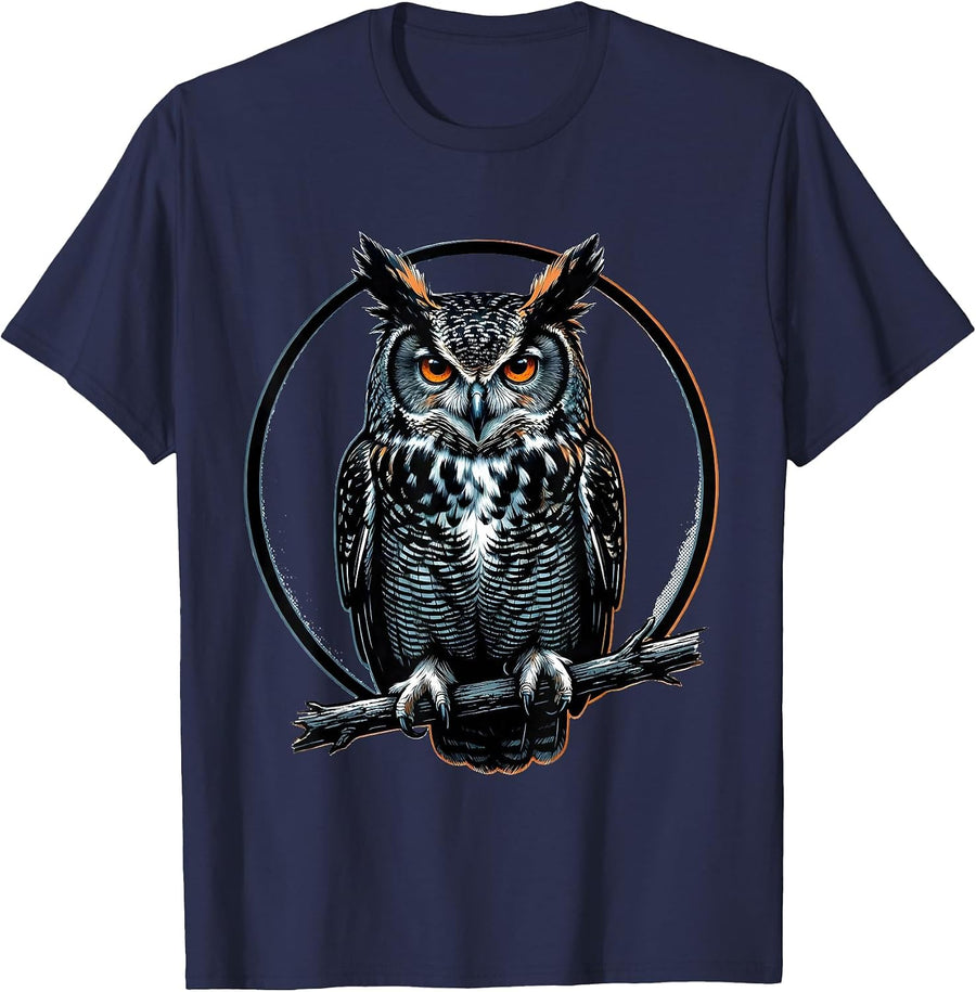 Great Horned Owl Badge Retro Nature Lover Gift T-Shirt - Navy Blue