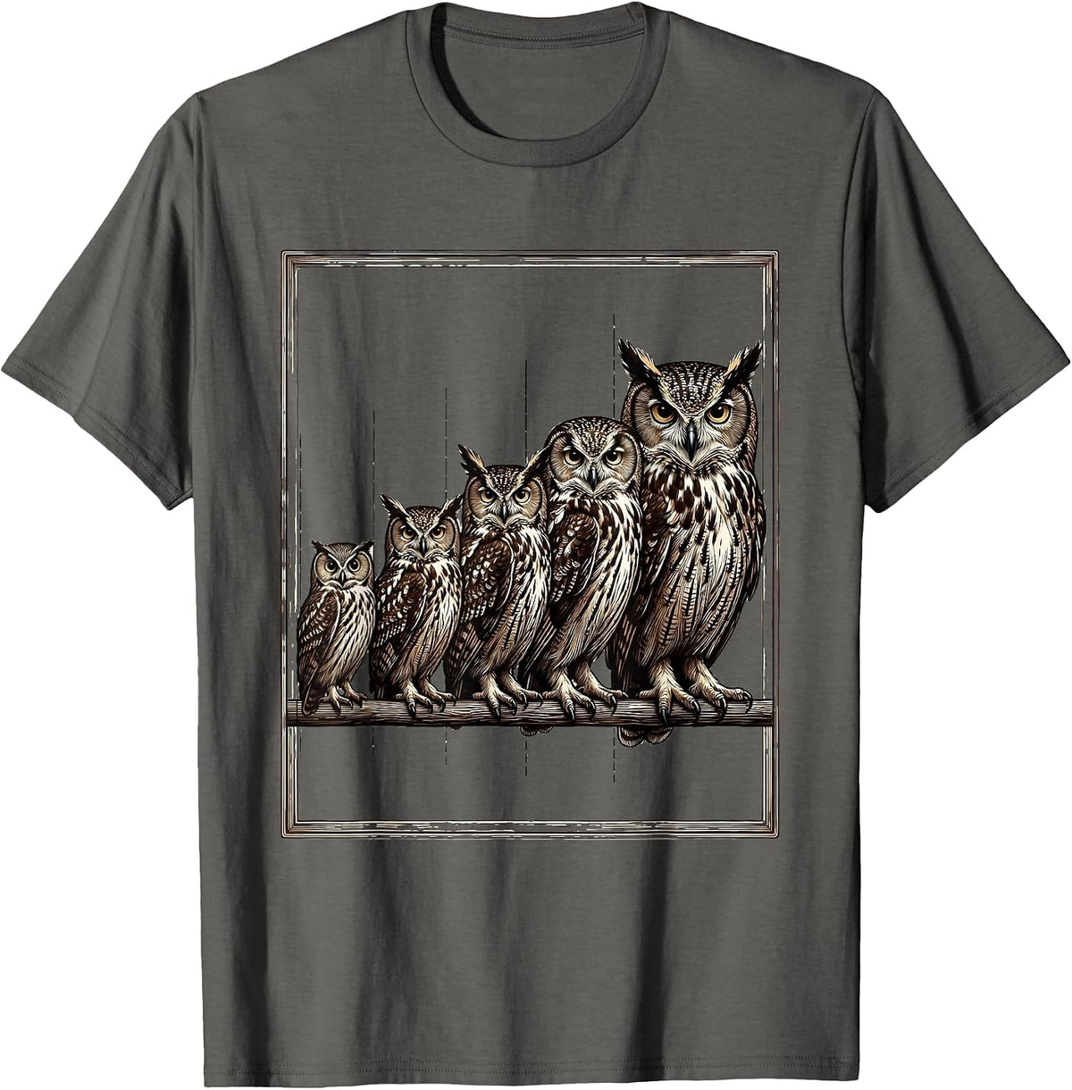 Men's Five Owl Silhouettes Crosshatch Etching Bird Lover Gift T-Shirt - Asphalt Grey