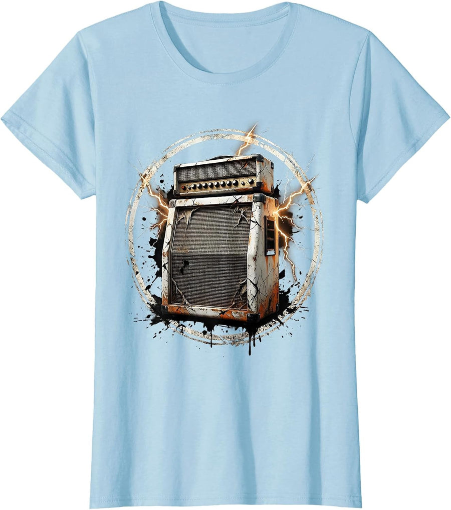 Women's Amplifier Stack Lightning Bolt Rock Music Graphic T-Shirt - Baby Blue