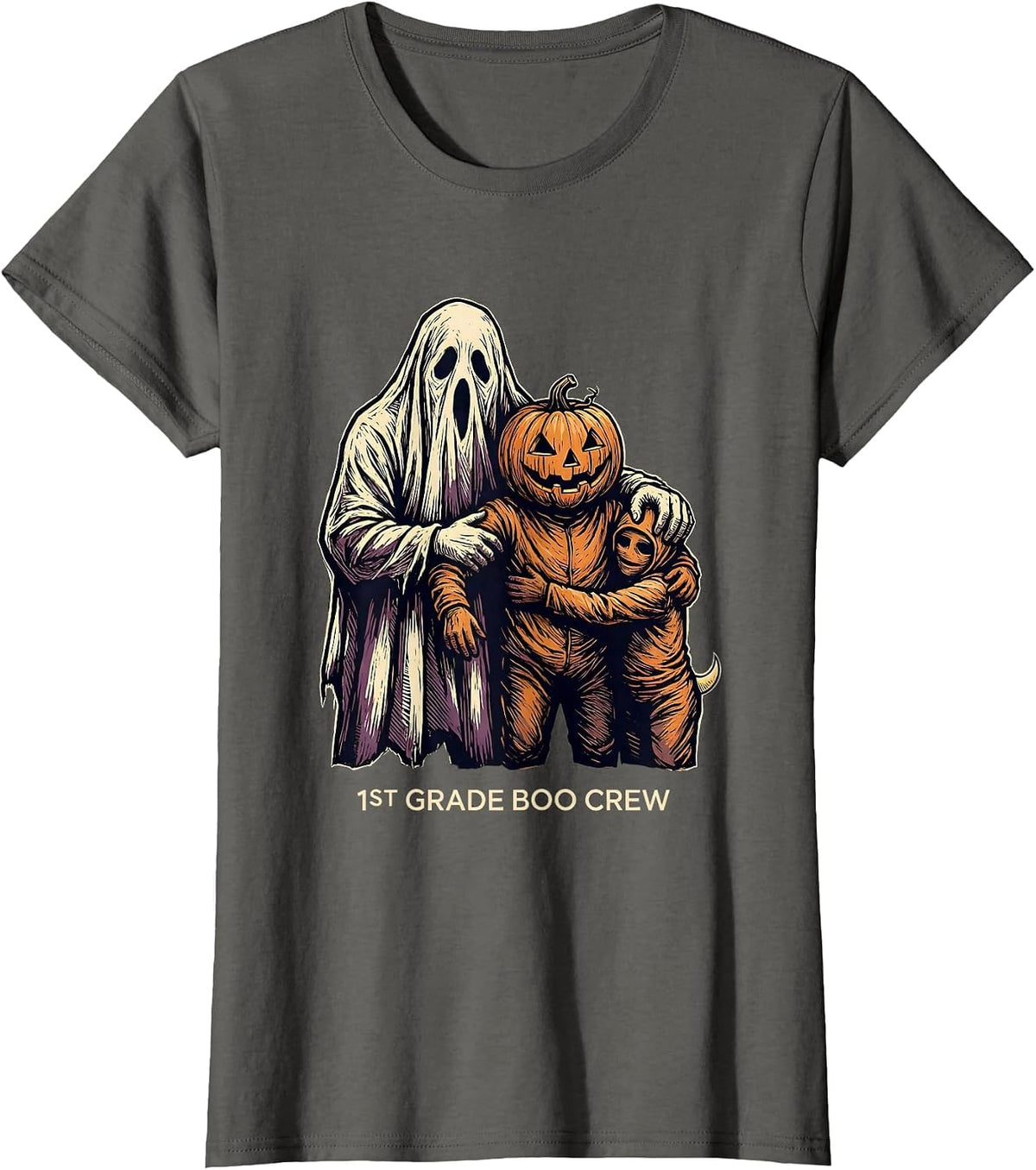 Women's 1st Grade Boo Crew Playful Halloween Teacher Student Crew T-Shirt - Asphalt Grey