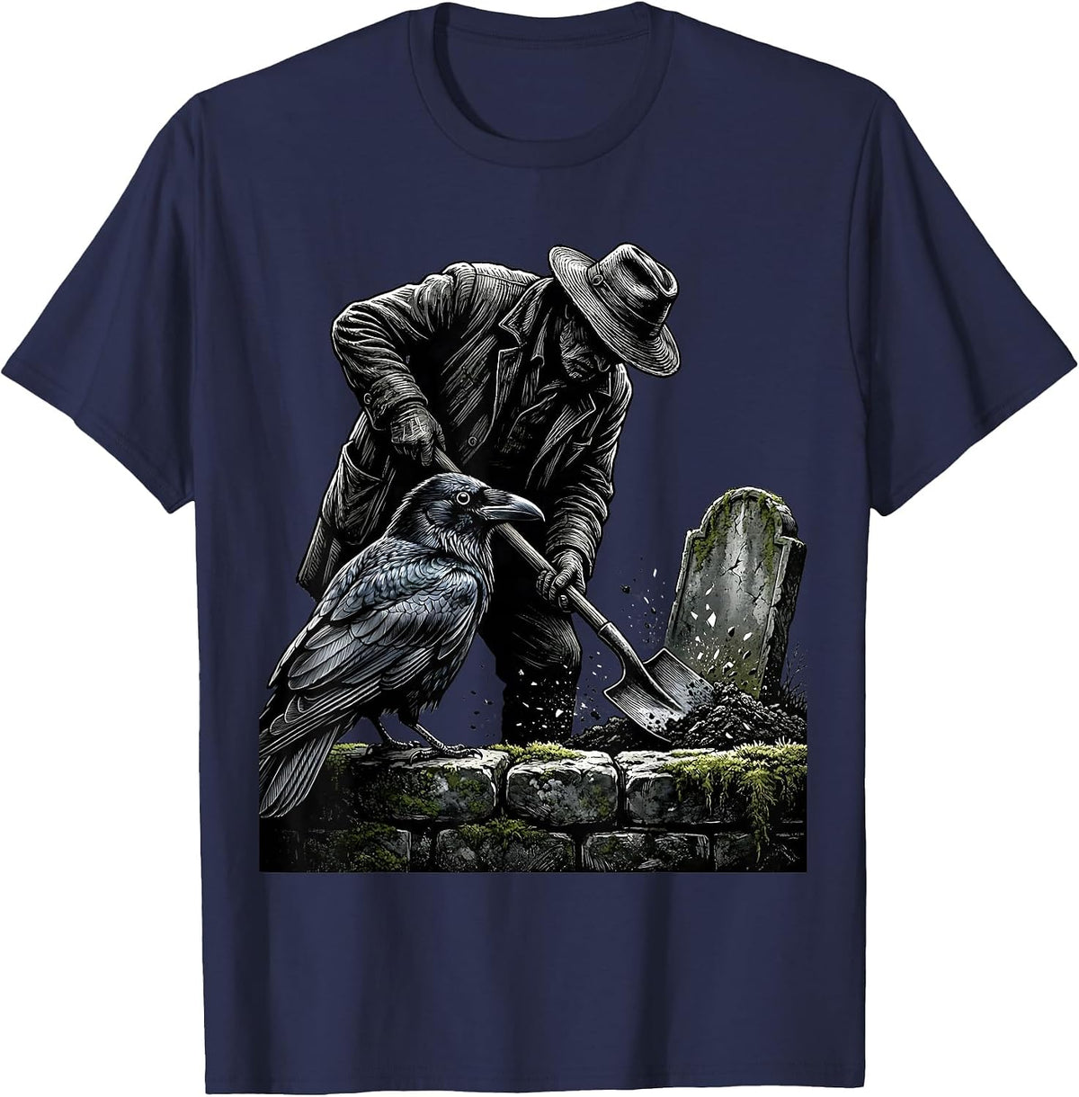 Raven Watches Gravedigger Stone Wall Gothic Art T-Shirt - Navy Blue